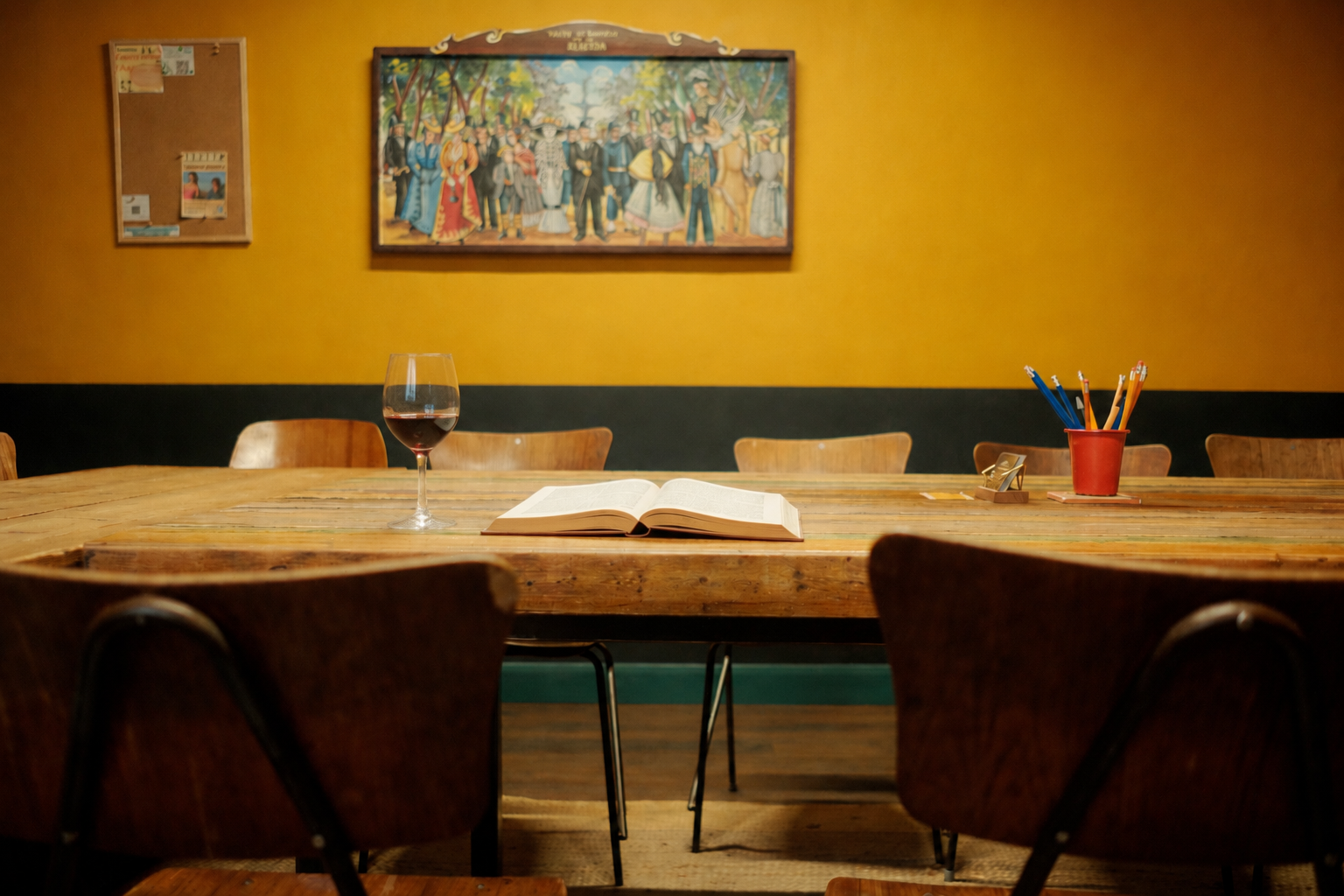 A rustic wooden dining table in a cozy room with a mustard yellow wall, featuring an open book, a glass of red wine, and chairs. A large framed painting hangs on the wall above the table.